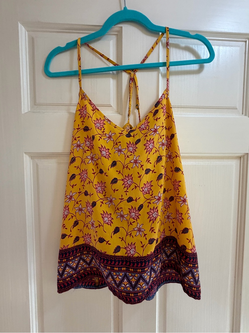 Hollister Yellow Floral Strappy Tank with Patterned Hem